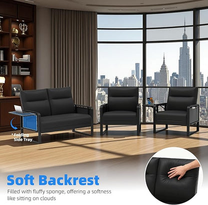 3 Piece Living Room Sofa Set, Leather Sofa Sets with Side Tray & Pocket, Modern 3 Pcs Sectional Couches Set for Apartment, Office, Bedroom (Black, Lovseat+2-Seat)