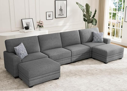 Wanderwell Oversized Modular Sectional Sofa, 6-Seater U Shaped Couches with Movable Ottoman,Corduroy Sectional Couch with Wide and Deep Seats Suitable for Living Room,Bedroom,Apartment (Grey, U-6)