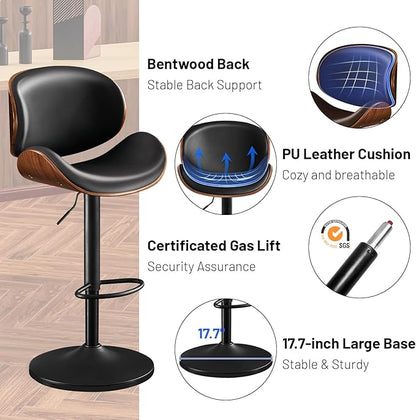 Furniliving Adjustable Bar Stools Set of 2, Swivel Bentwood Barstools Counter Height Bar Stools, Ergonomic Modern Bar Stools with Back Upholstered Barstools for Dining Room, Kitchen, Bar, Black, PU