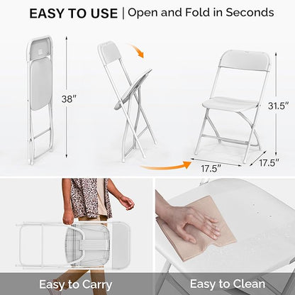 VINGLI 6 Pack White Plastic Folding Chair, Indoor Outdoor Portable Stackable Commercial Seat with Steel Frame 350lb. Capacity for Events Office Wedding Party Picnic Kitchen Dining