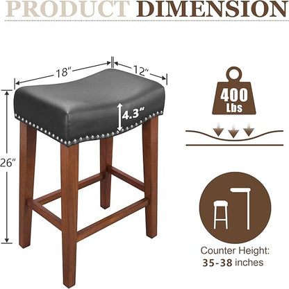 PrimeZone Counter Height Bar Stools Set of 8 - Backless Saddle Barstools with 4.3" Thick Upholstered, Nailhead Trim Faux Leather & Solid Wood Legs, 26 Inch Counter Stools for Kitchen Island, Black