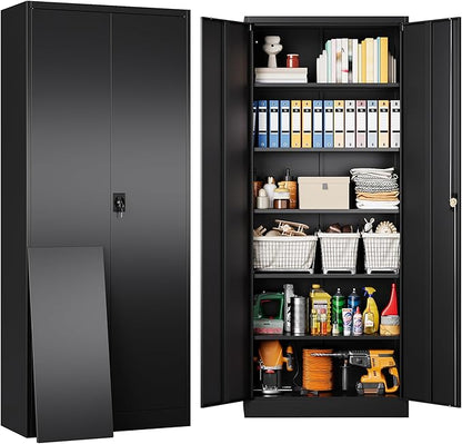 SISESOL Metal Storage Cabinet with 2 Doors and 6 Shelves,71" Lockable Garage Storage Cabinet,Black Metal Cabinets with Lock,Locking Steel Cabinets for Home,Office,Garage,Shop,School