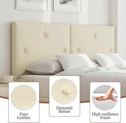 Modern Queen Headboard, Upholstered Faux Leather Bed Headboard with Solid Wood & Sturdy Metal Legs, Tufted Adjustable Height Headboards in Button Design, Beige