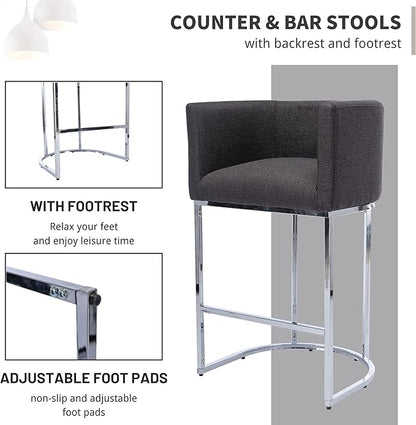 Bar Stools 29" Counter Height Bar Stools Upholstered Fabric Barstool Modern Barrel Counter Stool Kitchen Counter Island Stools with Chrome Metal Base, Charcoal