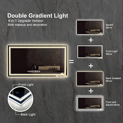LED Bathroom Mirror, 60x32 Inch Gradient Front and Backlit Bathroom Mirror, 3 Colors Dimmable CRI>90 Double Lights, IP54 Enhanced Anti-Fog, Hanging Plates Wall Mount Lighted Mirror