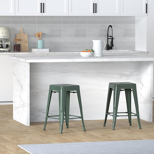 Vogue Furniture Direct 24 Inch Metal Bar Stools, Backless Counter Height Barstools, Indoor Outdoor Stackable Stools with Square Seat, Set of 2 (Dark Green)