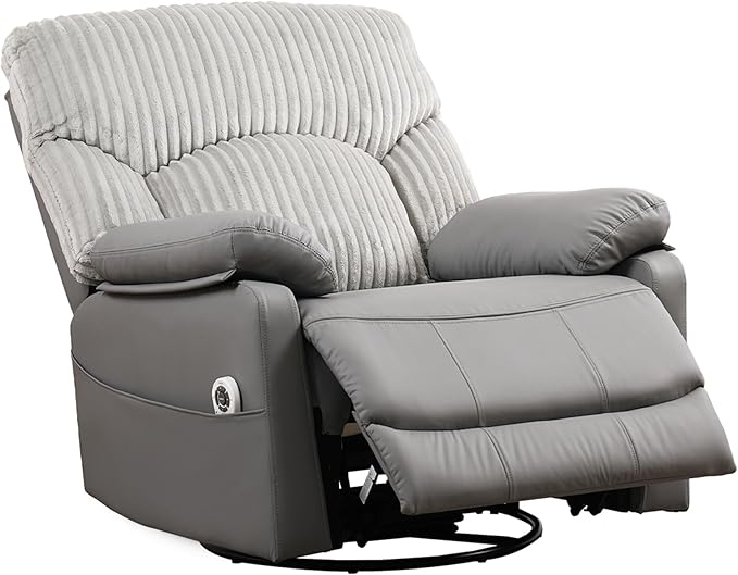 Power Swivel Rocker Recliner Chair with Massage and Heat for Adults, Electric Infinite Position Recliner with USB Charging Port, Corduroy and PU Leather Mixed Fabric, Easy Assembly (Grey)