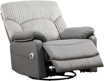 Power Swivel Rocker Recliner Chair with Massage and Heat for Adults, Electric Infinite Position Recliner with USB Charging Port, Corduroy and PU Leather Mixed Fabric, Easy Assembly (Grey)