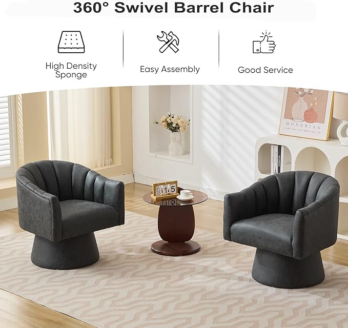 Swivel Accent Chair Set of 2,Faux Leather 360°Swivel Barrel Chair Upholstered Modern Living Room Chair, Overstuffed Reading Armchair for Bedroom,Vanity,Office-Black