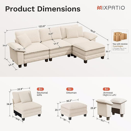 123-Inch L Shaped Sectional Sofa with Cloud Cushions, Deep Seat Modular Couch Set w/ 4 Seats & 1 Ottomans, Plush Chenille & Corduroy Upholstery for Living Room, Apartment - Beige