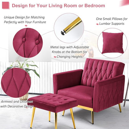 Velvet Accent Chair with Adjustable Armrests and Backrest, Button Tufted Lounge Chair, Single Recliner Armchair with Ottoman and Pillow for Living Room, Bedroom, Fuchsia