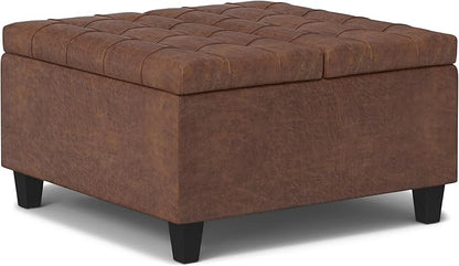 SIMPLIHOME Harrison 30 inch Wide Transitional Square Small Coffee Table Storage Ottoman in Distressed Saddle Brown Vegan Faux Leather, Assembled, for The Living Room and Bedroom