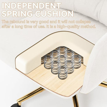 Plush Fabric Office Chair Vanity Chair Comfy Home Office Desk Chairs with Lumbar Support, Modern Plush Fabric Desk Gold Legs Swivel Task for Home Office Bedroom Study White Upgraded Version