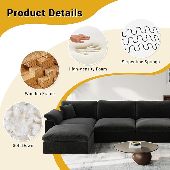 Cloud Modular Couch for Living Room,5 Seat V Shape Linen Blend Sofas,Modern Deep Seat Cloud Sofas,Convertible Comfort Down Filled Sectional Couches,Removable Washable Cushion Covers,Black