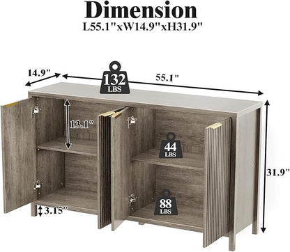 Fluted Sideboard Buffet Cabinet, 55" Large Storage Buffet Cabinet with 4 Doors and Adjustable Shelves, Modern Sideboard Console Table for Living Room,Entryway,Dinning Room,Kitchen-Grey