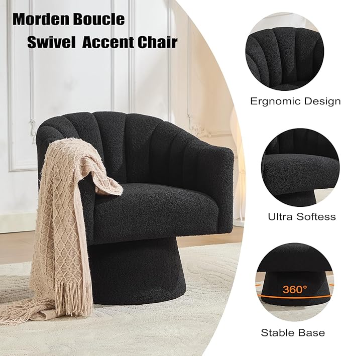 Swivel Accent Chair,Upholstered Teddy 360° Swivel Barrel Chair for Living Room Overstuffed Bouncle Reading Chair Round Armchair for Bedroom,Vanity,Office-Black