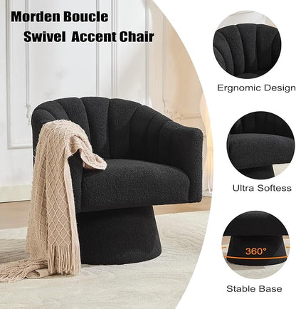 Swivel Accent Chair Set of 2, Upholstered Teddy 360° Swivel Barrel Chair for Living Room Overstuffed Bouncle Reading Chair Round Armchair for Bedroom,Vanity,Office-Black