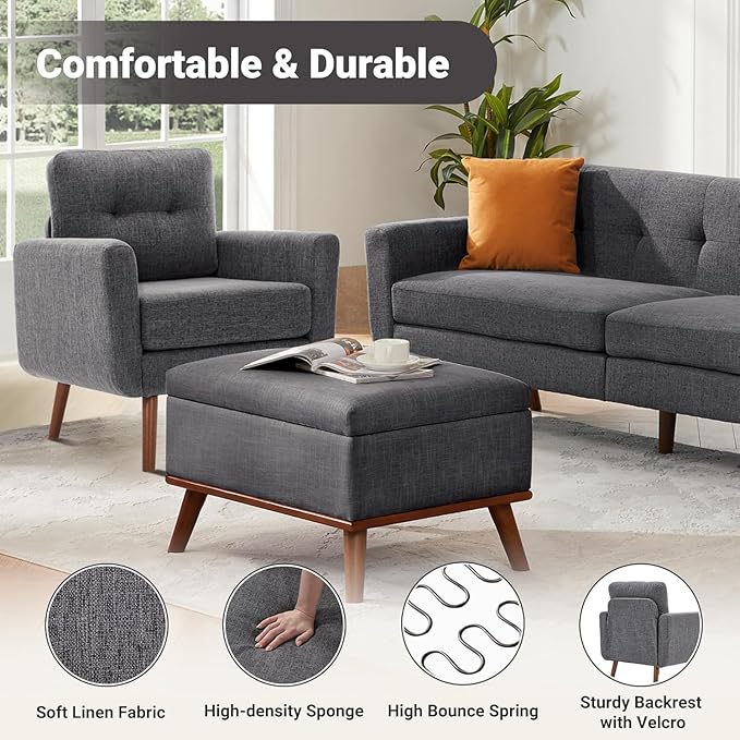 Tbfit Linen Fabric Accent Chairs Set of 2, Mid Century Modern Armchair for Living Room, Bedroom Button Tufted Upholstered Comfy Reading Accent Chair Sofa(Grey)