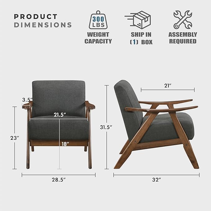 Lexicon Mid Century Modern Accent Chair with Solid Wood Frame in Walnut Finish, Upholstered Living Room Lounge Arm Chair, Thick and Comfy Innerspring Seat Cushion, Linen-Look Fabric, Dark Grey