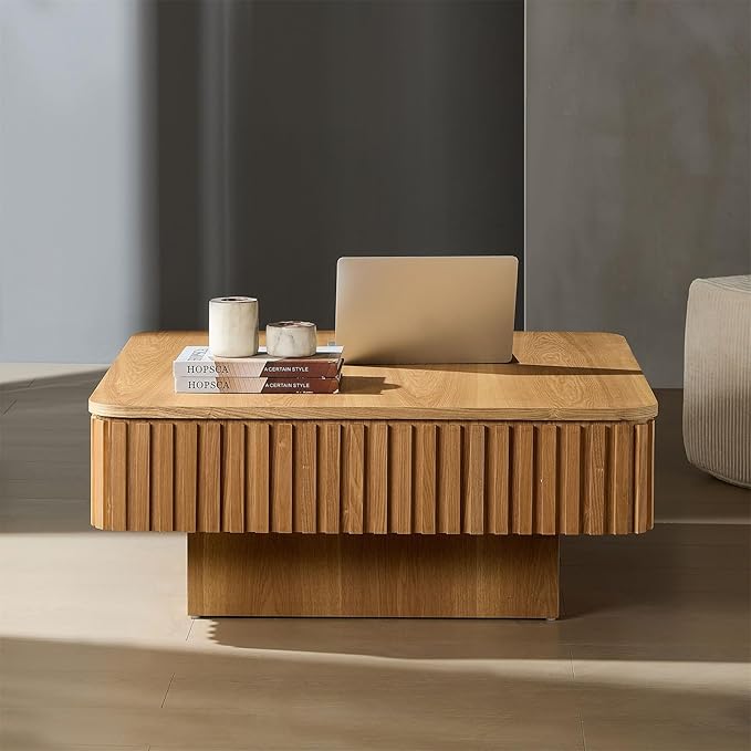 Square Lift-top Coffee Table for Living Room, Fluted Coffee Tables with Hidden Storage, Solid Wood Veneered Modern Tea Center Table for Small Space Apartment (Natural-35.43''D×14.57''H)