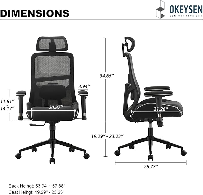 Okeysen High Back Ergonomic Mesh Office Chair, Reclining Computer Desk Chair with 400 LBS Capacity, 4.33'' Thick Cushion Seat, Adjustable 3D Armrests & Headrest for Home Office