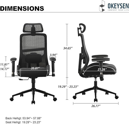 Okeysen High Back Ergonomic Mesh Office Chair, Reclining Computer Desk Chair with 400 LBS Capacity, 4.33'' Thick Cushion Seat, Adjustable 3D Armrests & Headrest for Home Office