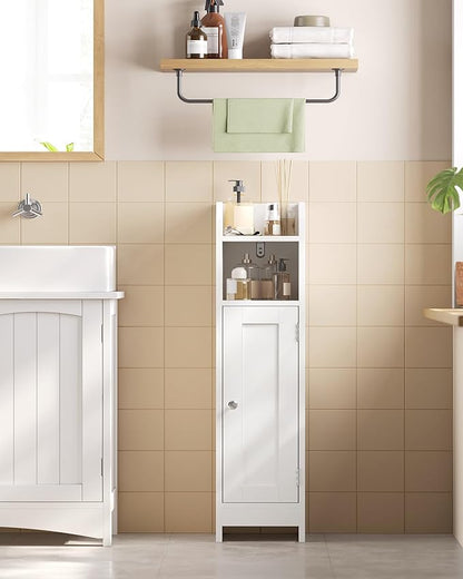 VASAGLE Small Storage Corner Floor Cabinet with Door, 7.9 x 7.1 x 31.5 Inches, Narrow Toilet Paper Storage Holder, Adjustable Shelves, for Bathroom, Living Room, Small Spaces, Cloud White UBBC310W01