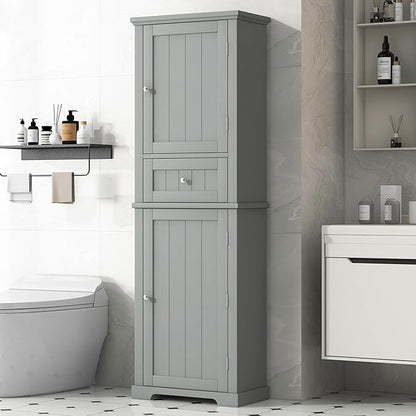 Tall Storage Cabinet, Bathroom Floor Freestanding Storage Cabinet with 2 Doors, One Drawer, and Adjustable Shelf for Bathroom, Office, Living Room, Grey