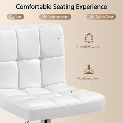 Yaheetech Bar Stools Set of 4, PU Leather Adjustable Swivel Barstools, Modern Armless Bar Chairs with Bigger Base, Thickened Seat Cushion, Square Island Barstools for Kitchen Island, White