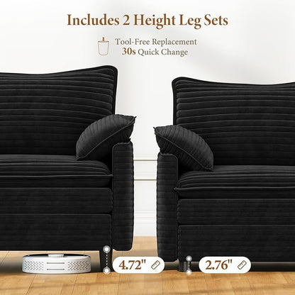 Vesgantti 108" Modular Sectional Sofa, Comfy Cloud Couch with Movable Ottoman Deep Seat Corduroy L Shaped Modular Sofa, Sectional Couches for Living Room, Bedroom and Apartment, Black