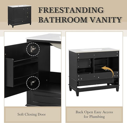 36 Inch Bathroom Vanity with Sink Set, Undermount Vanity Sink Cabinet with 3 Drawers and Door Storage, Soft Closing Door, Wood Frame, Black