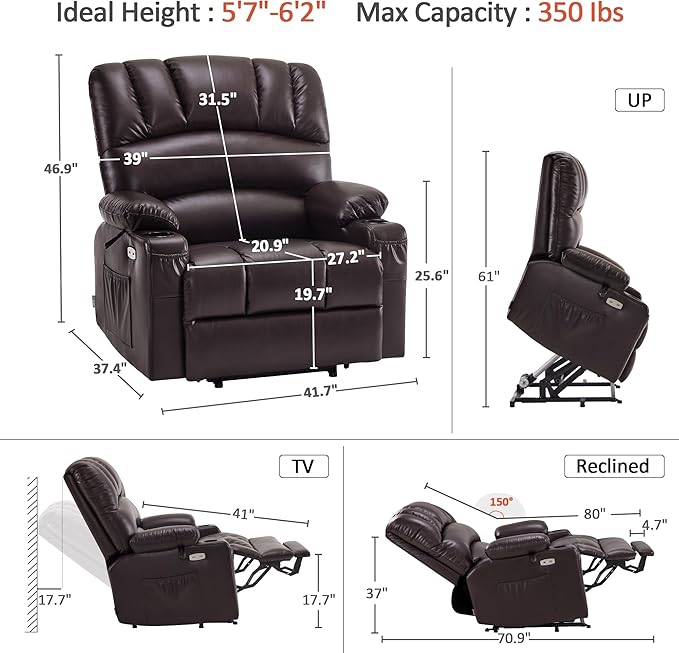 MCombo Oversized Power Lift Recliner Chair for Elderly, Lift Chair with Heat and Massage, Lift Recliner for Big and Tall, Cup Holders, USB &Type C Ports, Faux Leather R7092 (Dark Brown, Oversize)