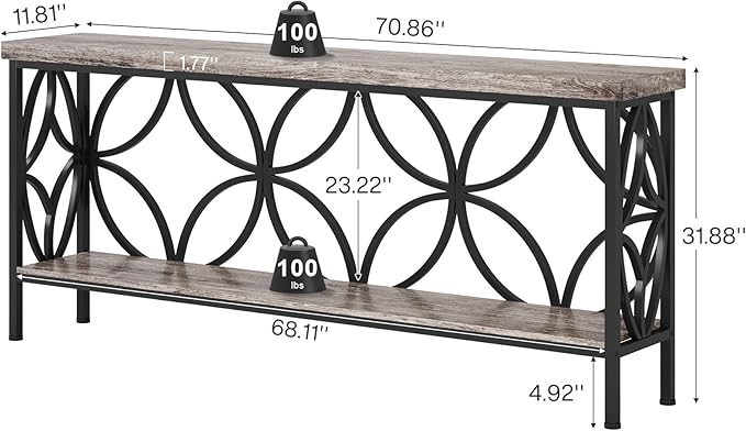 Tribesigns 70.9-Inch Narrow Sofa Table, 2-Tier Industrial Console Table Behind Couch, Long Entry Tables with Storage for Entryway, Living Room, Foyer, Hallway, Grey