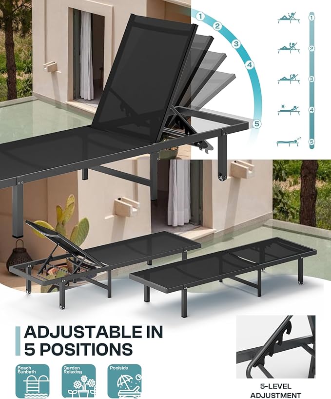 Pool Lounge Chairs, Chaise Lounge Outdoor with Wheels and 5-Position Recliner -Easy to Move- Aluminum Patio Lounge Chair for Poolside, Deck (Black)