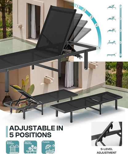 Pool Lounge Chairs, Chaise Lounge Outdoor with Wheels and 5-Position Recliner -Easy to Move- Aluminum Patio Lounge Chair for Poolside, Deck (Black)
