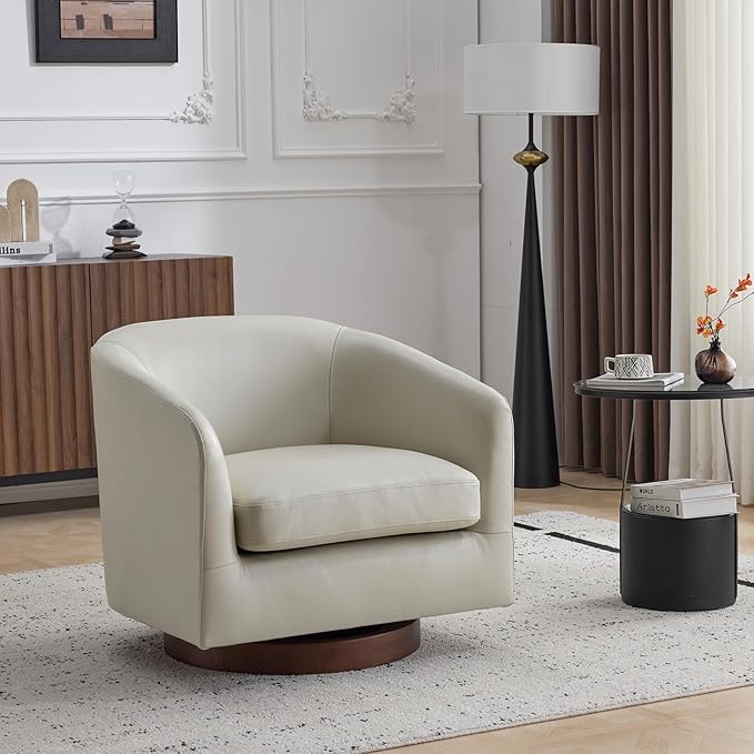 AEDI Genuine Leather Swivel Accent Chair with Solid Wood Base, Upholstered Barrel Armchair for Living Room, Modern Small Club Chair,Light Gray