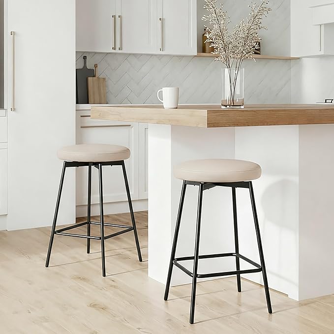 Swivel Bar Stools Set of 2, 24" Counter Height Bar Stool, Backless Barstools with Faux Leather Upholstered Seat&Sturdy Wood Legs for Kitchen Island, Beige