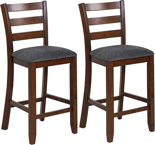 COSTWAY Set of 2 Counter Height Bar Stool, 25.5-Inch Upholstered Bar Stools with Solid Rubber Wood Frame, Foam-Padded Cushion, Footrest, Kitchen Chair for Bistro, Living Room, Grey and Brown
