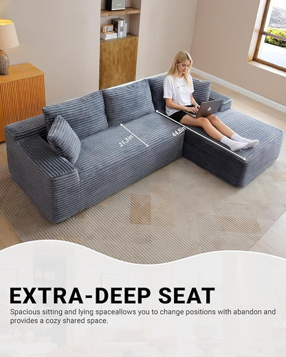95 Inch Cloud Sectional Couch,Modular Sectional Sofa with Deep Seat,Modern Corduroy Boneless Couches with L-Shape Chaise for Living Room Bedroom,No Assembly Required (Grey, Right Facing Chaise)