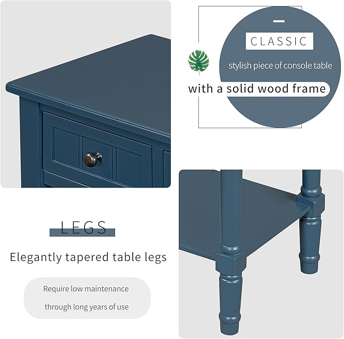 Knocbel Slim Antique Entry Console Table with 3 Drawers & Bottom Open Shelf, Solid Wood Narrow Sofa Couch Table for Entryway Hallway Living Room 23.7" W x 13" D x 31.4" H Navy Blue