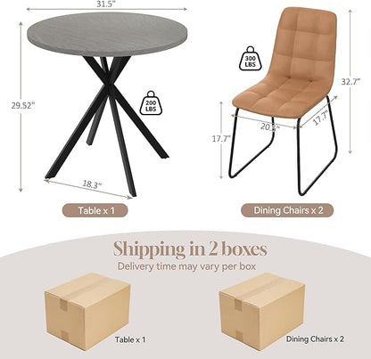 31.5" Round Dining Table Chairs Set for 2, Small Dining Table Chairs Set Space-Saving, Small Dinette Sets for 2 for Kitchen Dining Room Apartment(Gray Table +Brown Chairs)