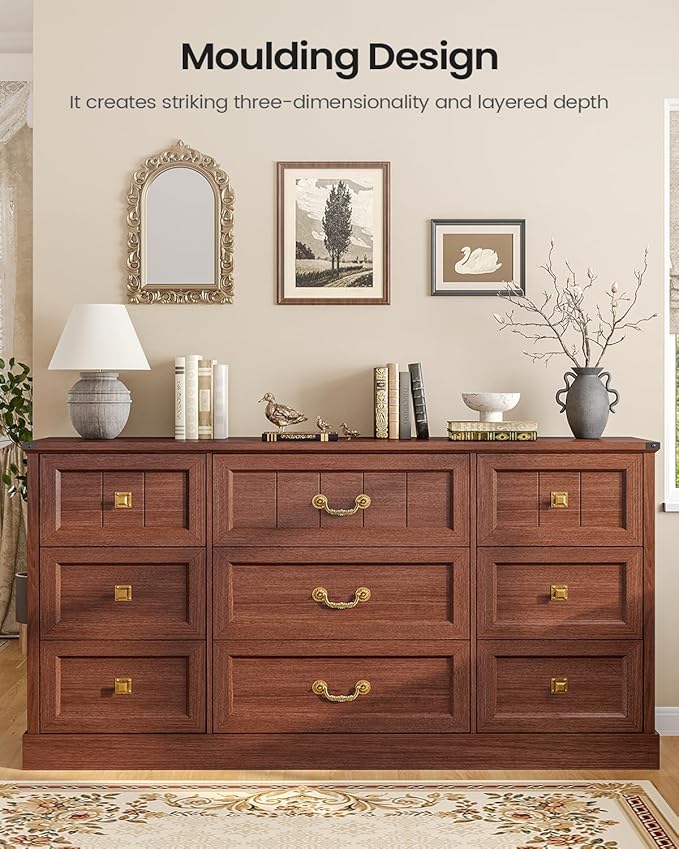 AOGLLATI Farmhouse 9 Drawers Dresser for Bedroom, 63" Wide Wood Rustic Chest of Drawers with Natural Texture, Vintage Design, Long Wide Storage Dresser for Bedroom, Oak Brown