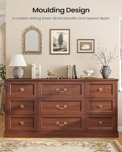 AOGLLATI Farmhouse 9 Drawers Dresser for Bedroom, 63" Wide Wood Rustic Chest of Drawers with Natural Texture, Vintage Design, Long Wide Storage Dresser for Bedroom, Oak Brown