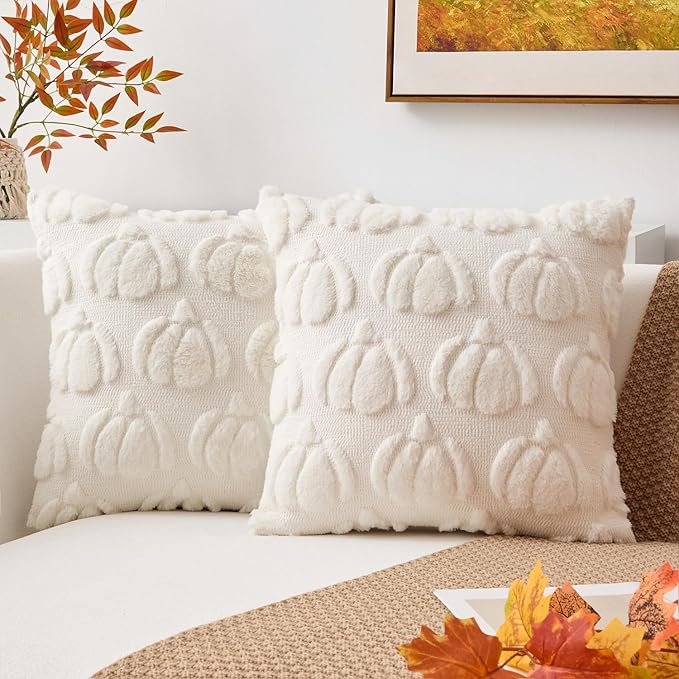 Kevin Textile Fall Pillow Covers 18x18 Inch Set of 2 Soft Pumpkins Decorative Square Pillowcases Plush Autumn Faux Fur Cushions Harvest Gift for Couch Sofa Chair Bedroom Home Decor, Cream White
