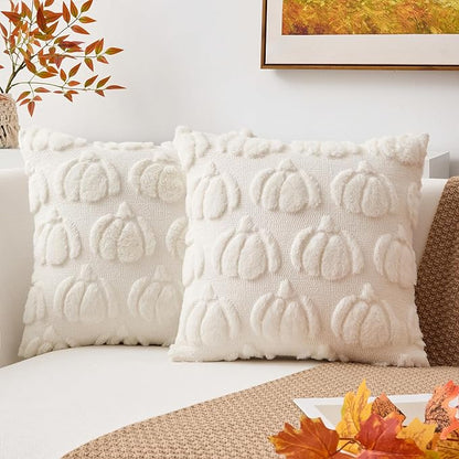 Kevin Textile Fall Pillow Covers 18x18 Inch Set of 2 Soft Pumpkins Decorative Square Pillowcases Plush Autumn Faux Fur Cushions Harvest Gift for Couch Sofa Chair Bedroom Home Decor, Cream White