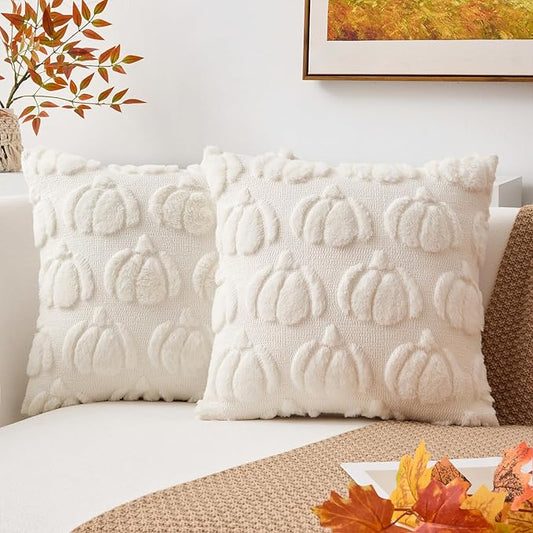 Kevin Textile Fall Pillow Covers 18x18 Inch Set of 2 Soft Pumpkins Decorative Square Pillowcases Plush Autumn Faux Fur Cushions Harvest Gift for Couch Sofa Chair Bedroom Home Decor, Cream White