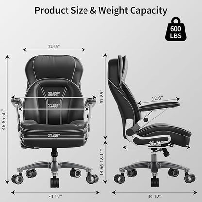 Big and Tall Office Chair, 600lbs Heavy Duty Desk Chair with 5D Arms, Adjustable Lumbar Support & Height, Tilt Function, PU Leather High Back Ergonomic Executive Computer Chair with 3'' Silent Casters