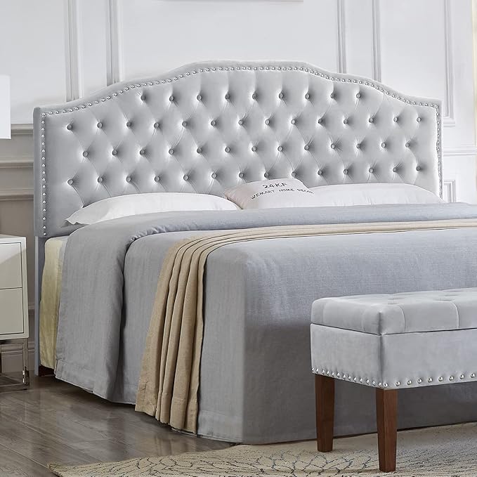 24KF Upholstered Button Tufted King Size Headboard with Nailhead Trim, Soft Velvet Fabric Headboard King/Cal King Size, Gray