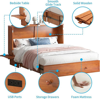 Mjkone Murphy Bed Queen Cabinet Bed with Tri-fold Mattress and Built-in USB Charging & 2 Drawers & Bedside Panel, Hidden Guest Beds, Murphy Cube Chest Cabinet Beds for Bedroom/Apartment - Cherry