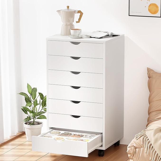 7 Drawer Chest, Storage Cabinet Dressers with Wheels, Dressers Storage Cabinets, Dresser Mobile Cabinet with Wheels, Room Organizer, Small Drawers Wood Organization Furniture for Office, Home, White